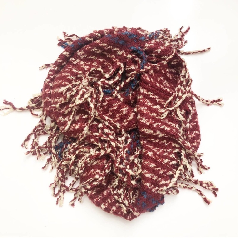 Unique‎ Infinity Scarf Neck Warmer Multi Red Striped Fringe Cowlneck Rustic Wrap